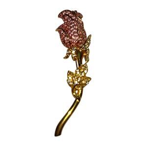 Vintage Nolan Miller Gold Tone Rhinestones Pink Rose Brooch
